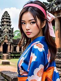 A petite brunette woman wears a blue Kimono orange bikini at Angkor Wat temples