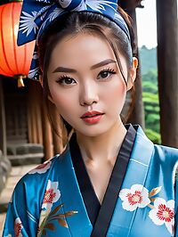 Adult Asian girl in blue Kimono with thong at Borobudur Java