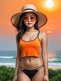 The Mongolian woman wears a tank top and black g string in Phuket