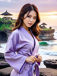 A Korean woman wearing purple karate robes in sunset lit Balinese scenery