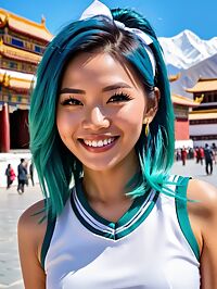 A Cambodian girl with teal hair and a white cheerleader uniform in Lhasa's streets